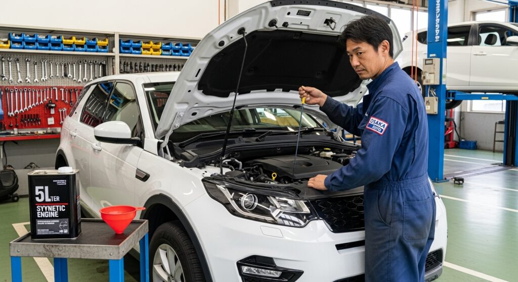 整備工場でボンネットを開けたディスカバリースポーツのエンジンオイルを、日本人メカニックが真剣に点検している。横には新しいオイル缶が置かれている。