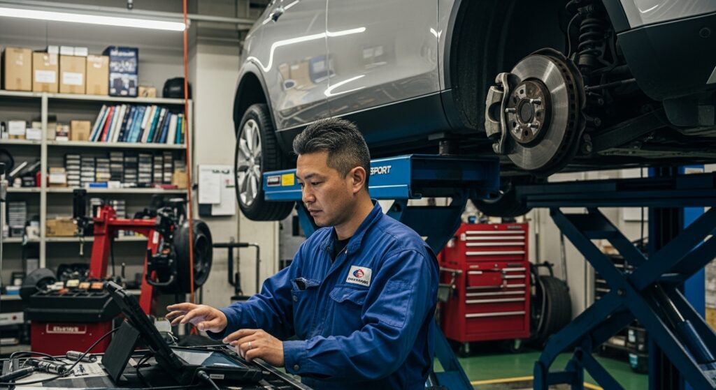 整備工場でリフトに載せられたディスカバリースポーツを、日本人メカニックが診断機で点検している様子。背景には工具や部品棚が整然と並んでいる。