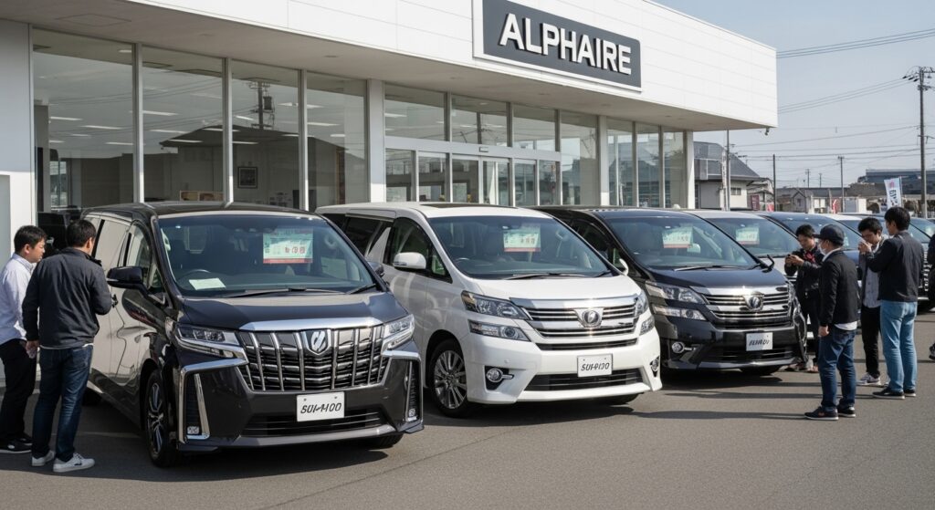 中古車販売店でアルファードに人だかりができる一方、同等の性能を持つヴェルファイアは人が少なく静かな雰囲気で展示されている。