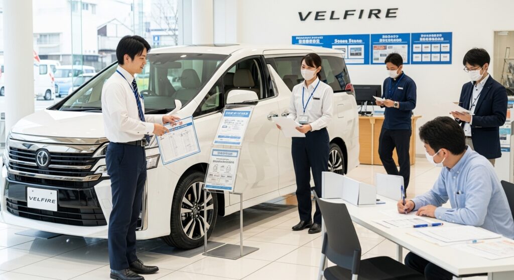 新型ヴェルファイアが展示された販売店で、営業スタッフが客に予約待ちリストを説明し、別の客が抽選申込用紙を記入している様子。店舗対応の違いが表れている。