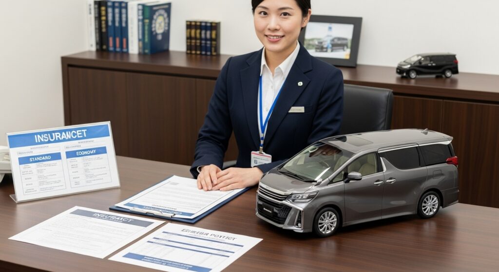 保険代理店で営業担当がアルファードの写真付きパンフレットを指しながら、車両保険の一般型とエコノミー型の違いを顧客に説明している。