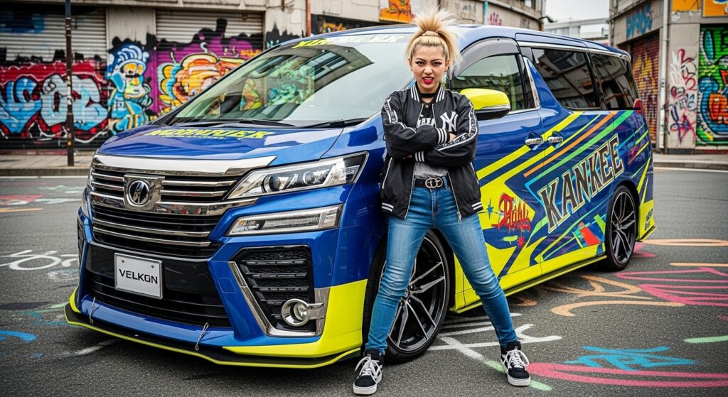 ド派手なカラフルカスタムパーツ改造、ヴェルファイア自慢げに腕を組んでカッコつけてる日本のヤンキー