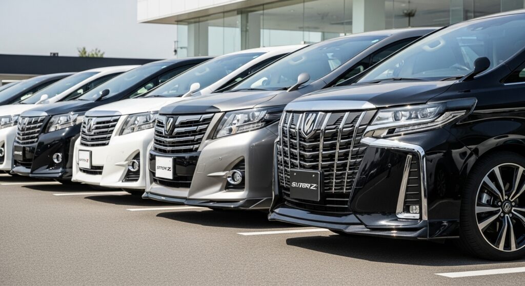 トヨタ・アルファードのZグレードとXグレードを並べ、フロントグリルやバンパー、ホイールの違いを比較できるように配置した様子。