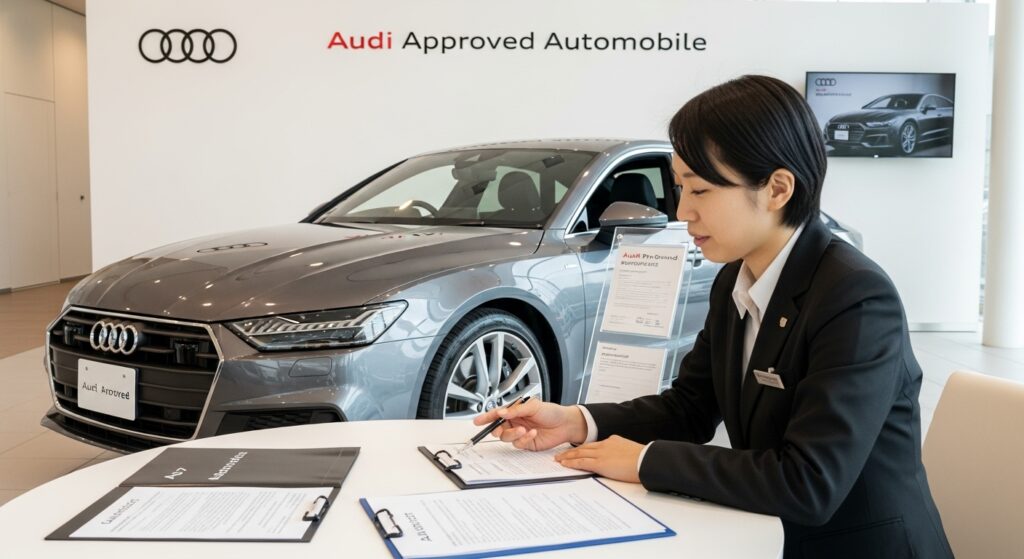アウディのショールームで営業スタッフが認定中古車A7の保証内容を顧客に説明し、背景に「Audi Approved Automobile」のロゴがある。
