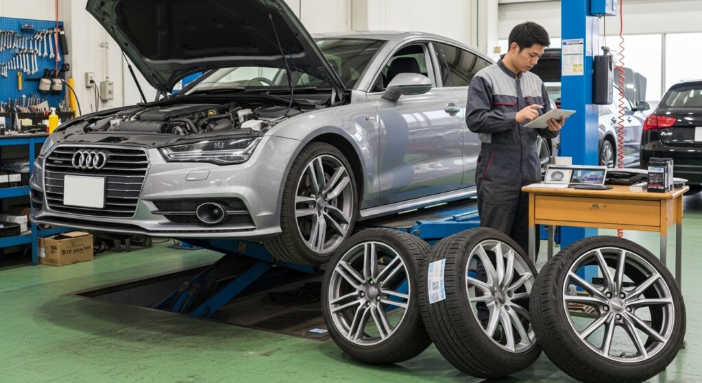 整備工場でリフトに載ったアウディA7を日本人メカニックが点検し、高額なタイヤや部品が横に置かれている。
