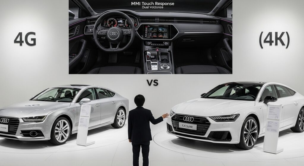 初代と2代目のアウディA7が並び、内装のMMIタッチレスポンス画面が背景に映る中、日本人客が進化を見比べている。