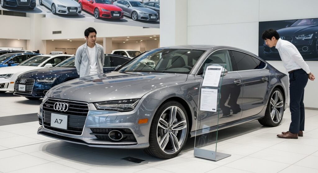 ショールームで輝く新車のアウディA7と、背景に見える中古車店のA7が価格差を象徴する構図。客が魅了された表情で見つめている。