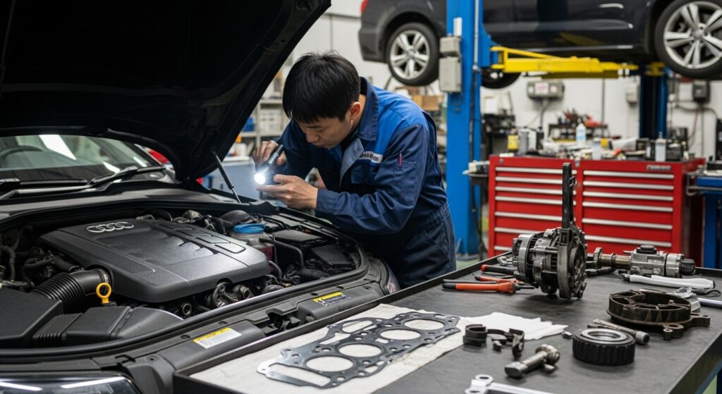 整備工場でアウディA7のエンジンを日本人メカニックが点検し、タペットカバーパッキン周辺のオイル漏れを確認している。