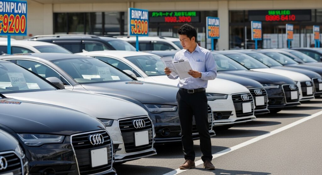 中古車オークション会場で複数のアウディA7が並び、日本人バイヤーが在庫表を見ながら比較している。