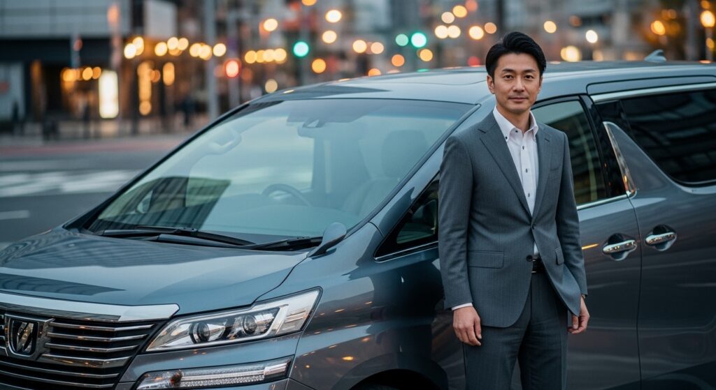 かっこいいヴェルファイア30系前期の車の横に40代の日本人エグゼクティブな紳士