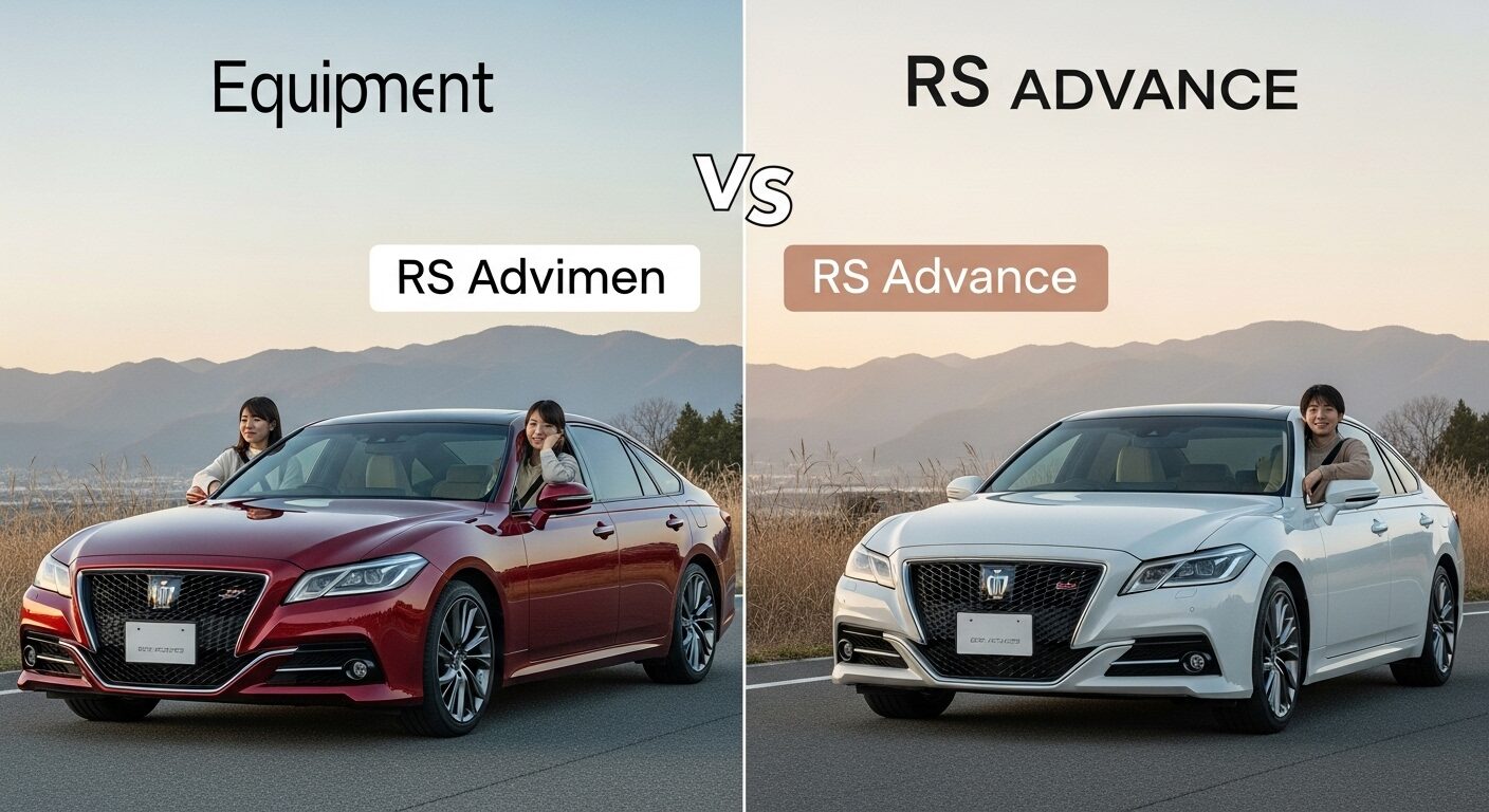 赤いセダン「RS Advimen」と白いセダン「RS Advance」が並べられ、装備の違いを比較するビジュアルとしてそれぞれの車の横に人が立っている様子
