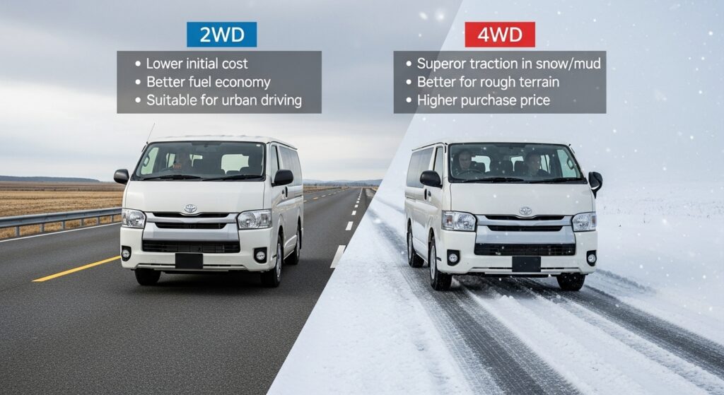 ハイエースの2WDと4WDモデルが並び、舗装路と雪道の対比で性能や使い勝手の違いを表現。購入前に知るべき選択ポイントを示すイメージ