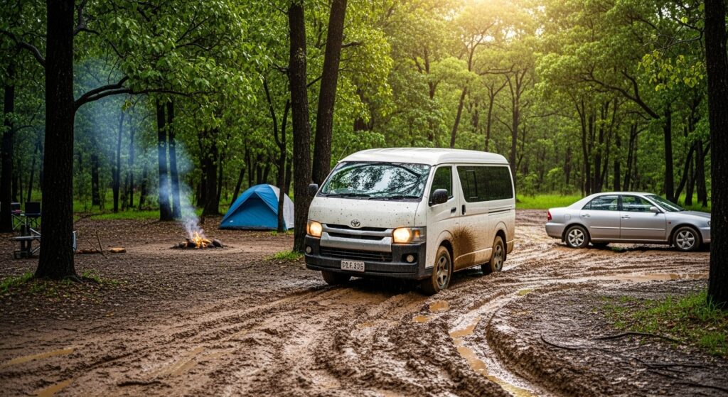 雨でぬかるんだキャンプ場の道を力強く進むハイエース4WD。2WDでは不安な悪路でも行動範囲を広げるアウトドアでのメリットを表現したイメージ