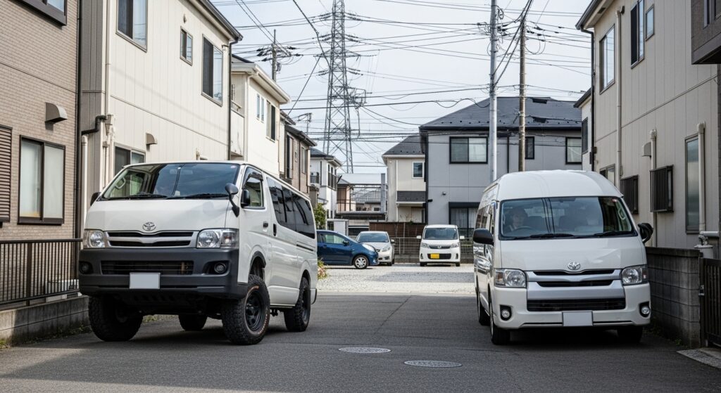 ハイエース4WDが狭い路地で切り返しながら曲がる様子を描き、2WDより小回り性能が劣る点を日常運転の具体例として示したイメージ