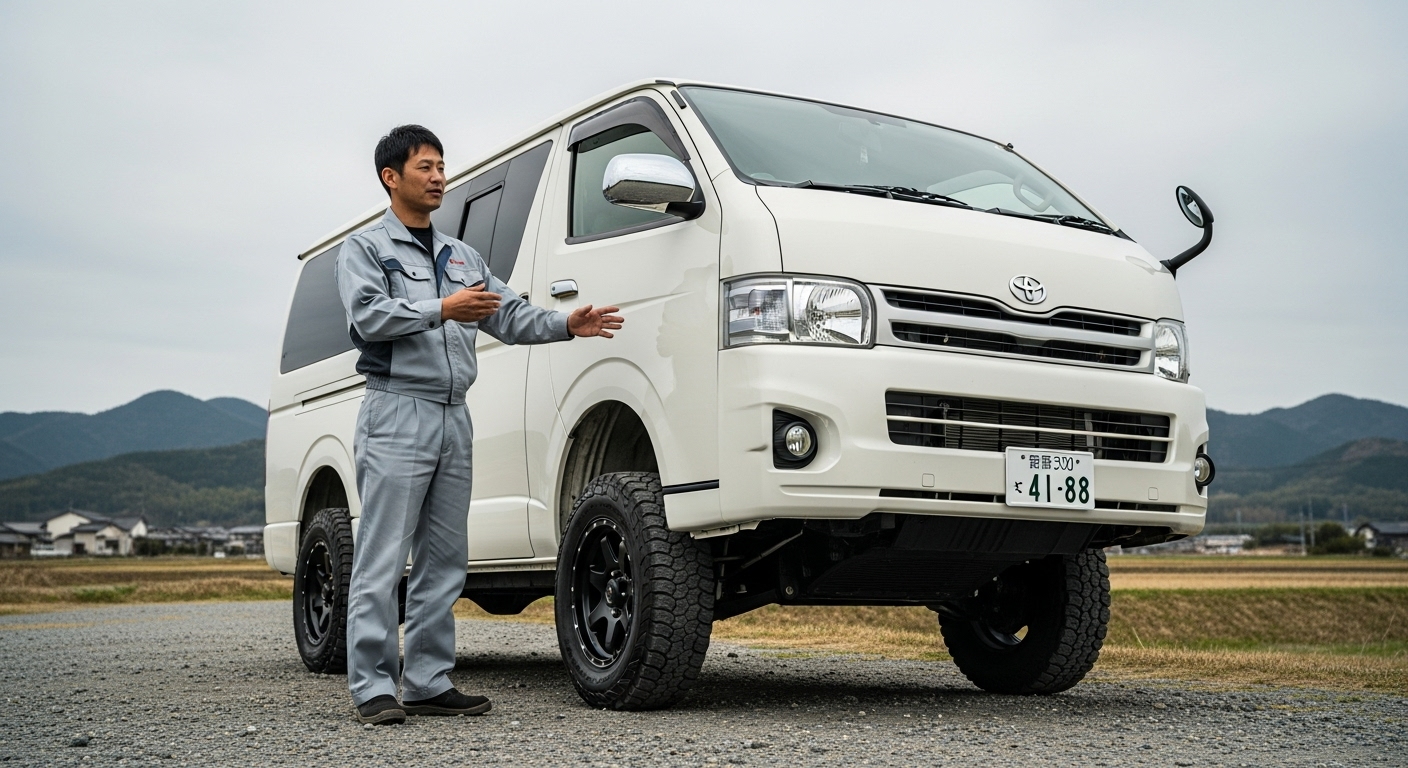 ハイエースの4WDが前上がりになっている理由を解説する画像