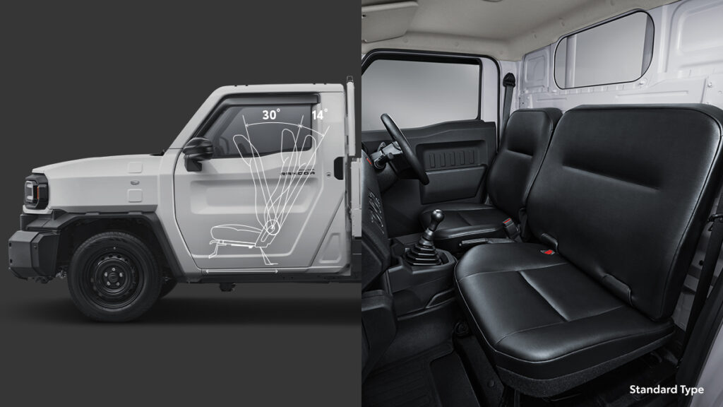 Hilux Rangga風ピックアップの運転席と助手席。リクライニング角度を示す図と、ブラックシートの室内。