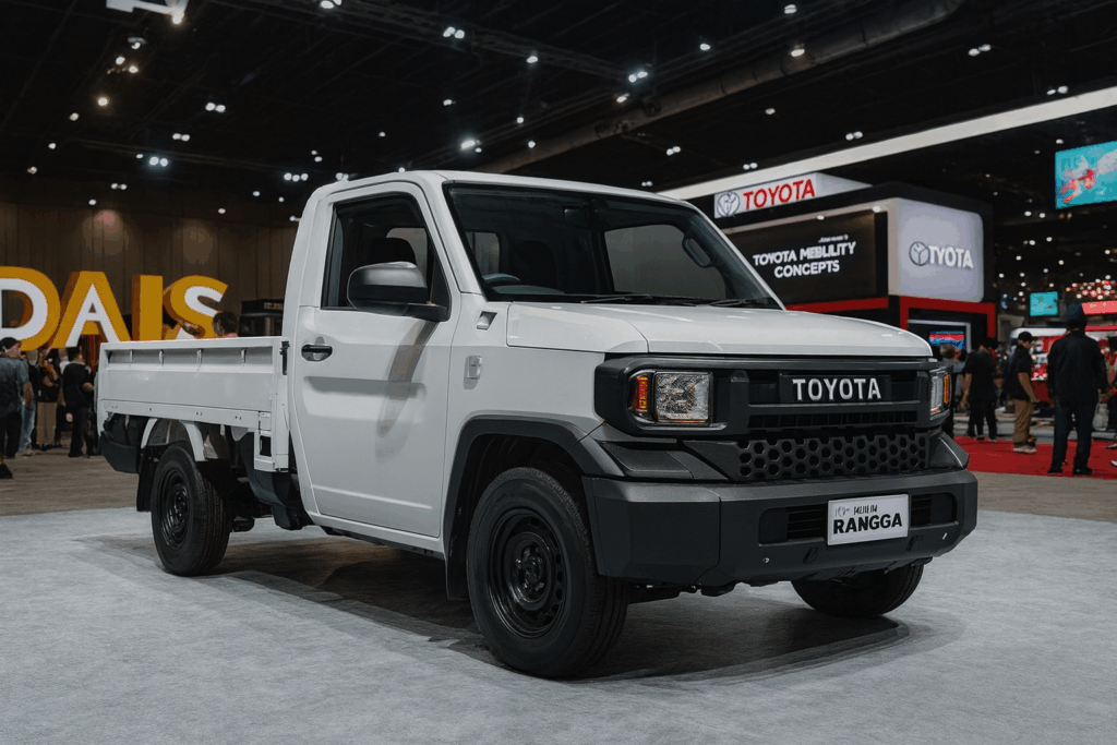 モーターショー会場で展示される白いHilux Rangga風シングルキャブピックアップ。実用的な荷台と無骨なデザインが特徴
