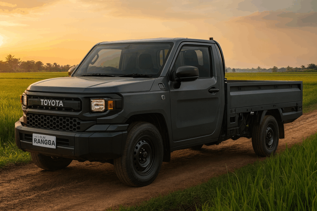 夕暮れの田園地帯で未舗装路に停まるマットダークグレーのHilux Rangga風ピックアップ。ロング荷台と無骨なデザインが特徴で、背景に稲田が広がる情景。