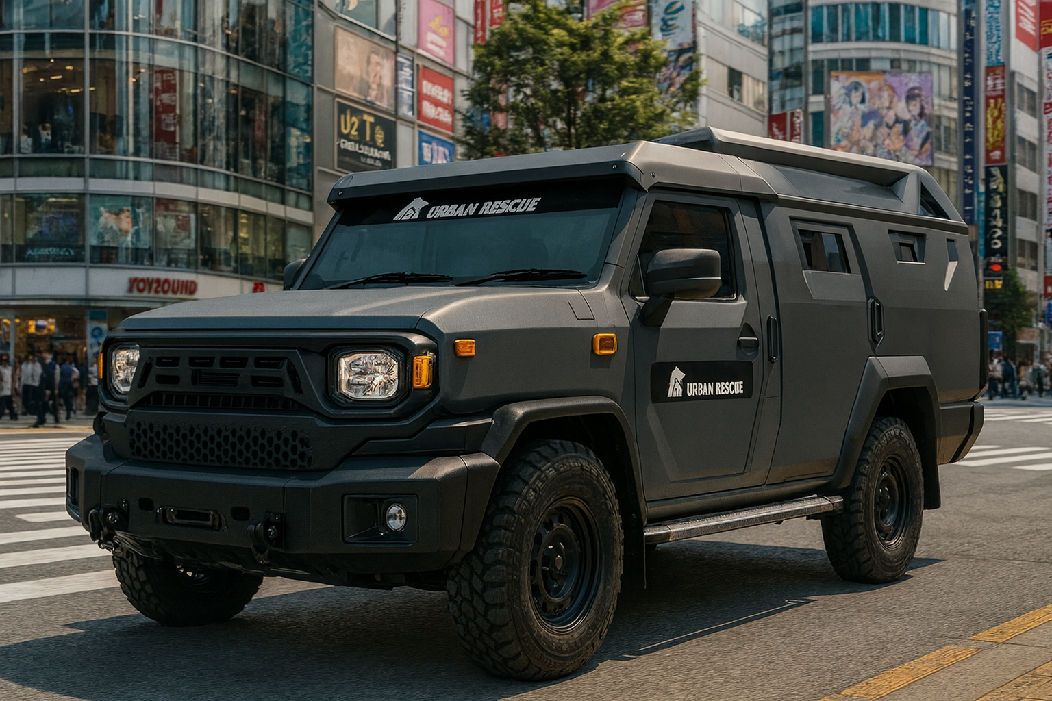 都市の交差点を走るマットグレーのHilux Rangga風レスキュー車両。角張ったデザインとオフロードタイヤが特徴で、背景には商業ビルと人混みが広がる。