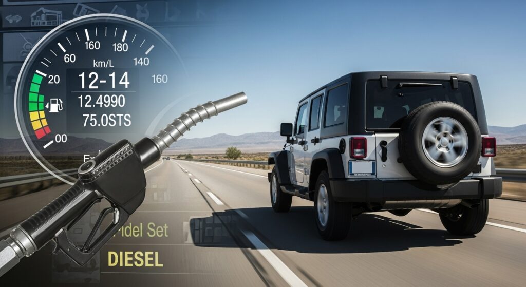 高速道路を走るジープ・ラングラーのディーゼルモデル。燃費計には12〜14km/Lと表示され、軽油の給油ノズルと価格表示が重なって見える。