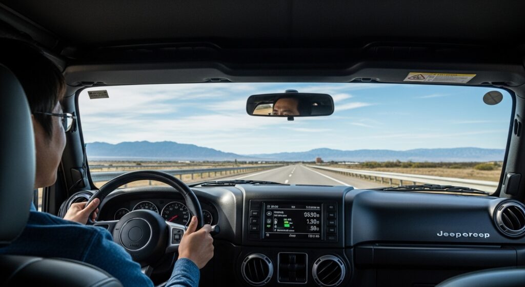 高速道路を走るジープ・ラングラーのディーゼルモデル。ドライバーが穏やかな笑顔を見せ、燃費計と満タンの燃料計が長距離走行の安心感を示している。