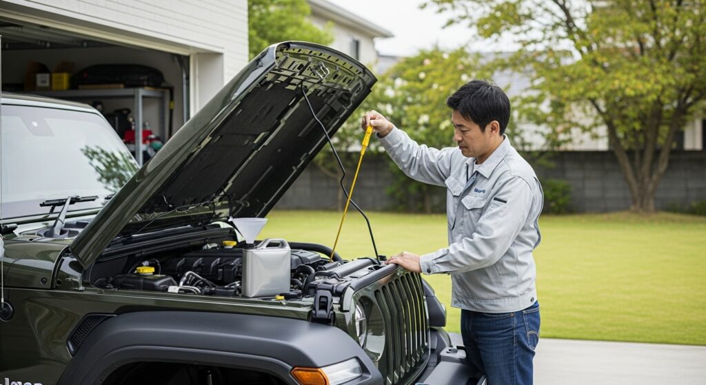 ジープ・ラングラーのボンネットを開けて日本人オーナーがオイルゲージで状態を確認し、横に新しいオイル缶が置かれている。