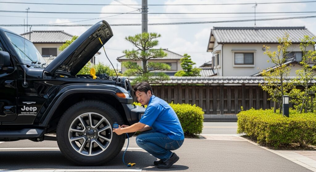 ジープ・ラングラーのオーナーが駐車場でタイヤ空気圧やオイルを点検し、燃費改善のポイントを象徴するアイコンが背景に重なっている。