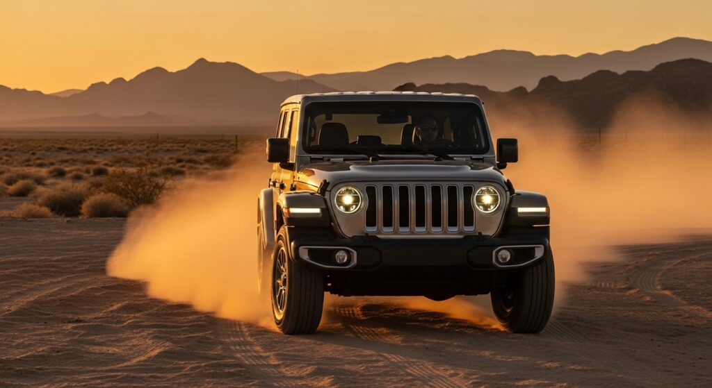 夕暮れの砂漠で丸目ライトと7スロットグリルを備えたジープ・ラングラーが砂埃を上げながら走る、無骨で象徴的な姿。