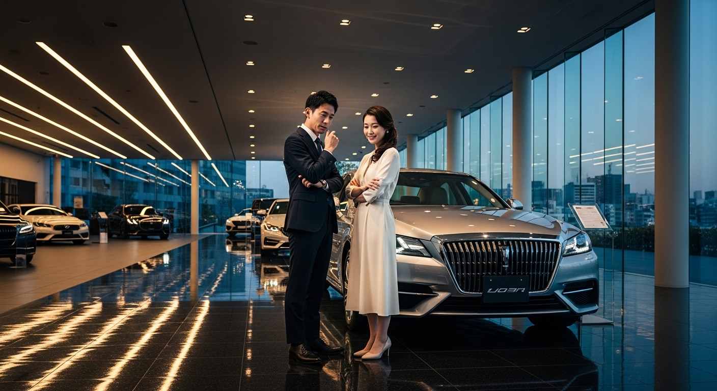 高級車ショールームで新車を前に購入方法を比較し悩む人の様子。残クレとローンの違いを解説する記事用イメージ。