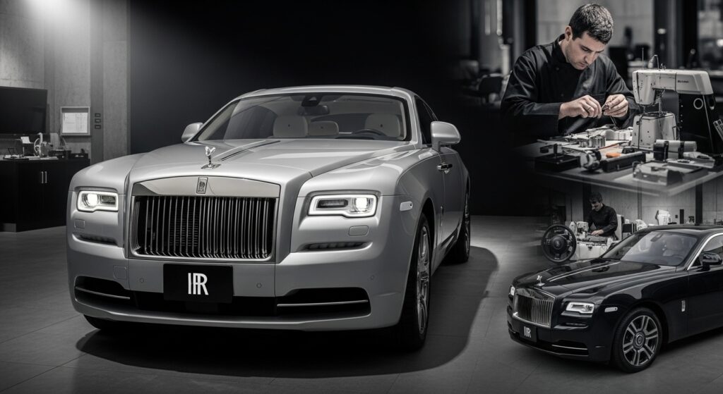 高級ガレージに停まるロールスロイスと、職人の縫製作業や静かな試乗シーンが重なり、圧倒的な品質と特別な価値を象徴している。