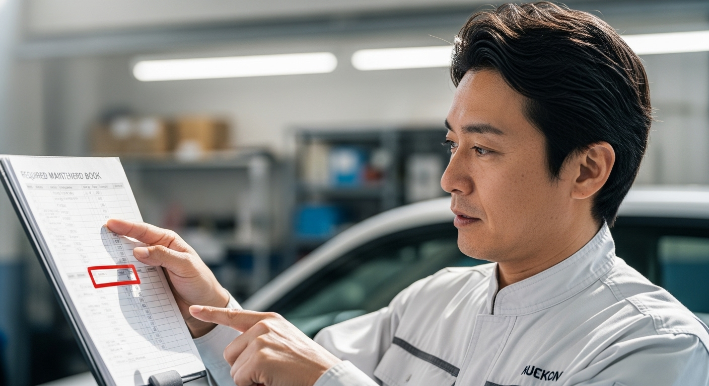 車の整備記録簿に記載されている必須確認項目を指さしている画像
