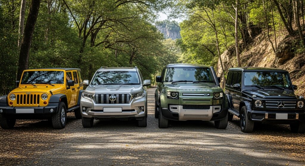 ジープ・ラングラー、ランドクルーザー、ディフェンダー、メルセデスGクラスが並び、各車のWLTC燃費数値と都市部・オフロード背景で比較されている。