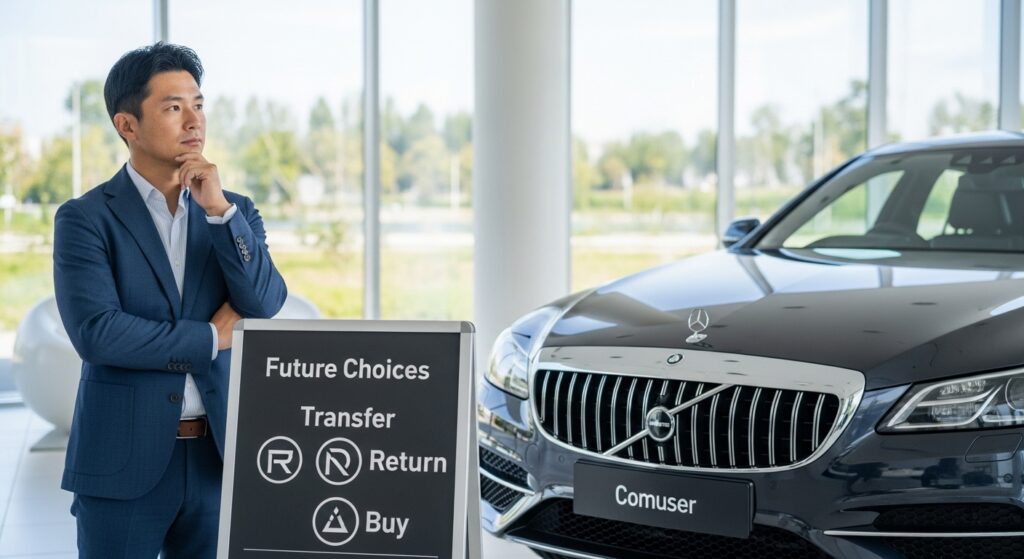 残クレ満了後の選択肢である乗り換え・返却・買い取りの分岐点に立ち、次のカーライフを考える人を描いた記事用イメージ。