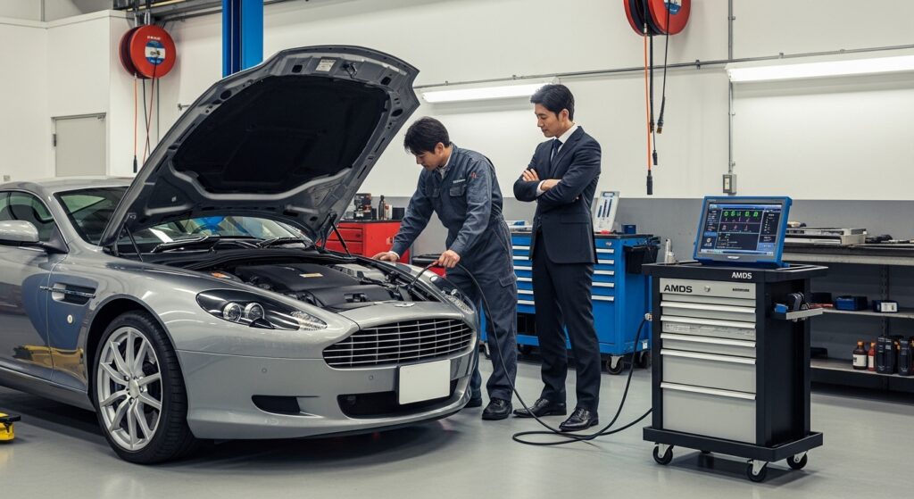 整備工場でアストンマーチンDB9に専用診断テスターを接続し、オーナーが見守る様子。特殊構造ゆえの専用設備の必要性を示す情景。