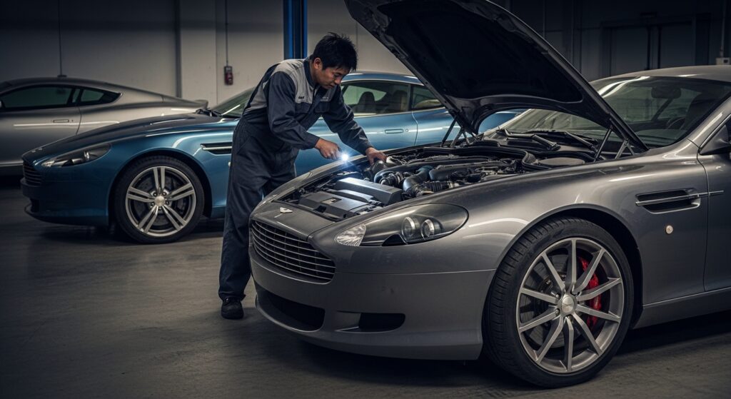 長期間動かされず埃をかぶったアストンマーチンDB9と、点検する整備士。走らなさすぎによるコンディション悪化を示す情景。
