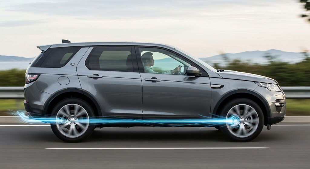 フルタイム4WDで重量のあるディスカバリースポーツが舗装道路を力強く走行する様子と、それに伴う燃料消費の要因を表すイメージ。