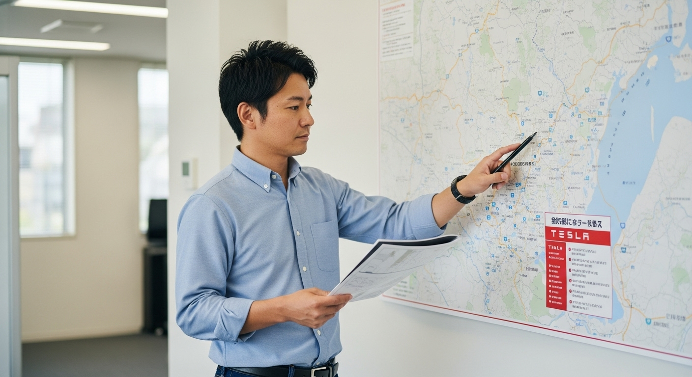 日本地図上で全国のテスラ認定ボディショップを探している様子