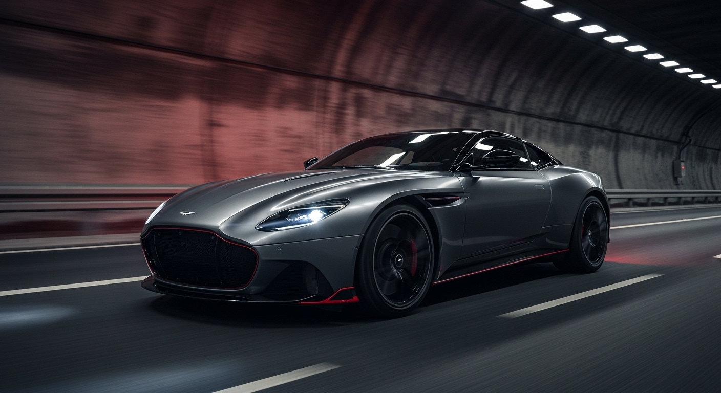 夜のトンネル内を走行するマットグレーのアストンマーチン。ヘッドライトが輝き、流れる背景がスピード感を強調している迫力ある走行シーン。