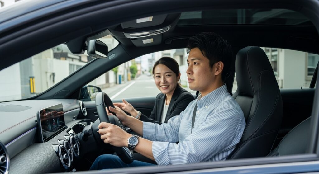 住宅街の路地でAクラスの試乗を行う日本人男性。実際の生活環境で車の性能や扱いやすさを確認している様子が伝わる。