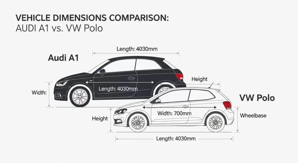 A1とポロの主要寸法を重ねた取り回し比較図