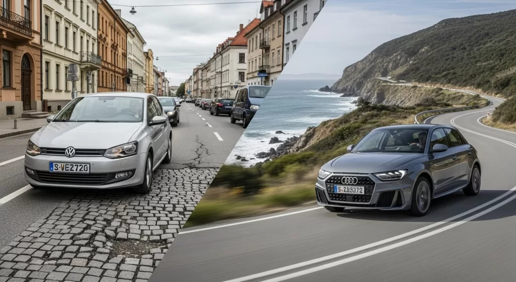 ポロのしなやかさとA1の高速安定性を対比した場面図