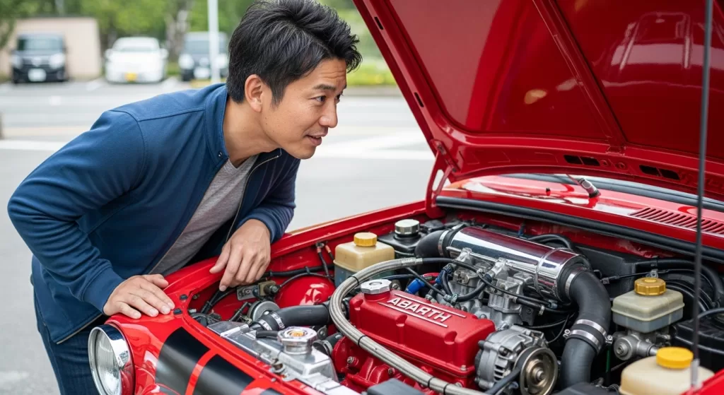 アバルトのチューンドエンジンを観察する日本人男性