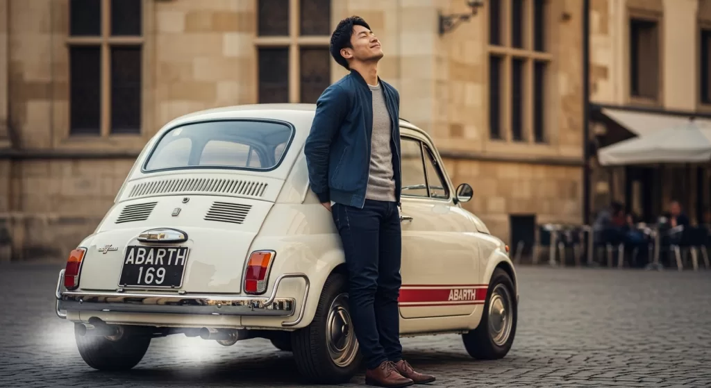 アバルトのエキゾーストサウンドを楽しむ日本人男性