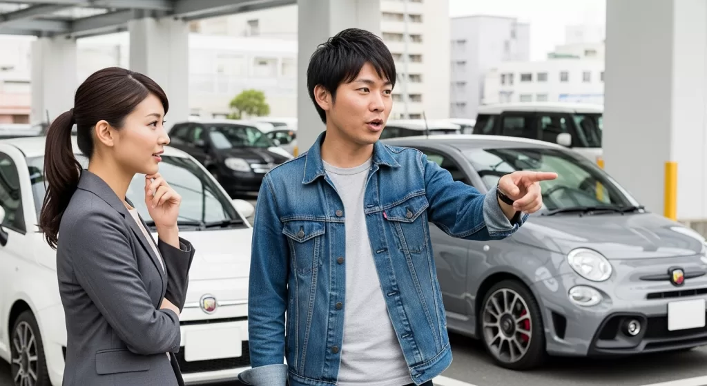 アバルトとフィアットの性能を比較して語り合う日本人男女