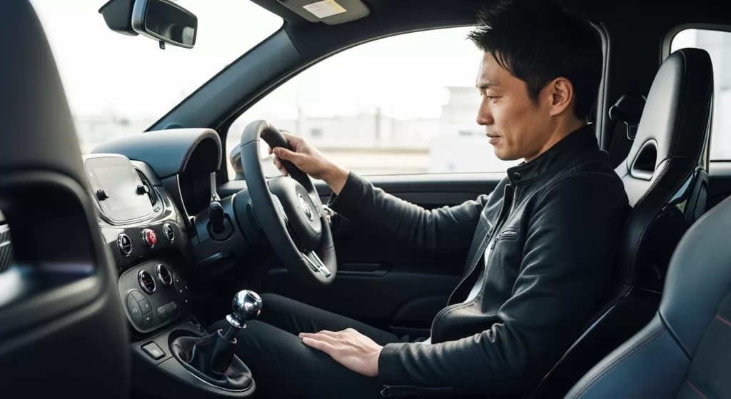 アバルトのスポーティな内装を体感する日本人男性
