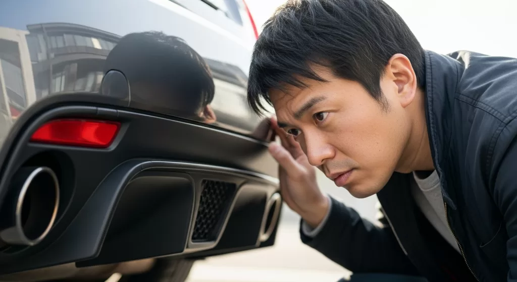 アバルトのマフラーやリアバンパーを間近で観察する日本人男性