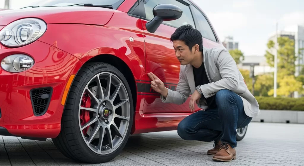 アバルトのサイドスカートやホイールを観察する日本人男性