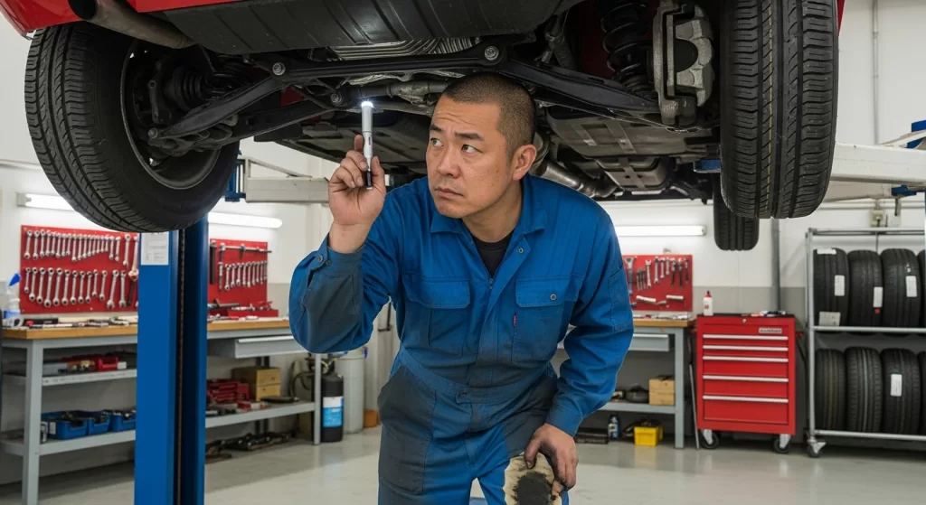 アバルトの足回り（サスペンションとブレーキ）を確認する日本人男性