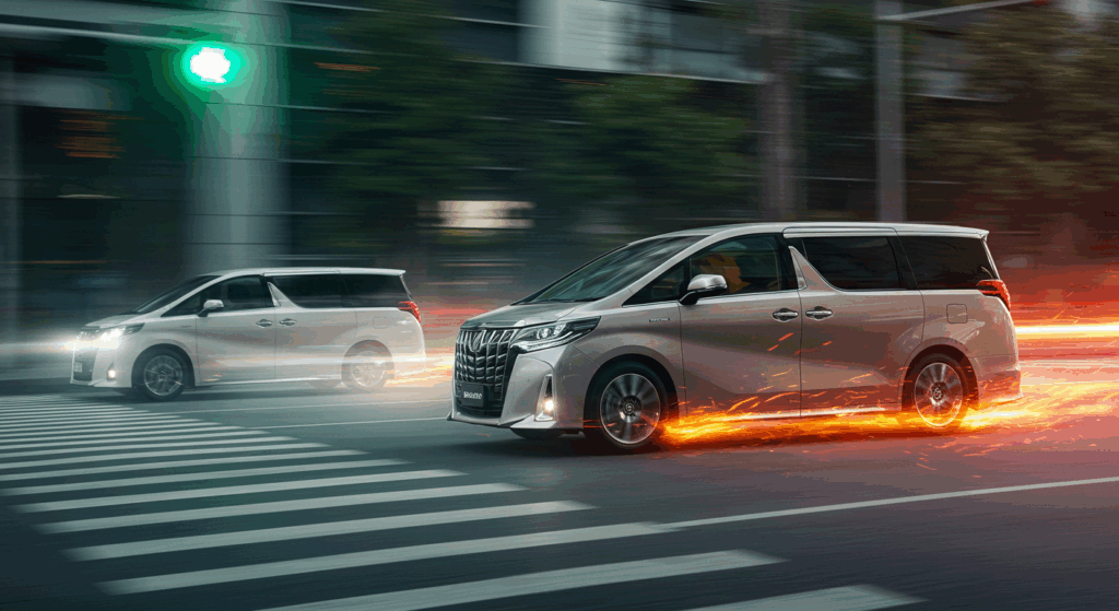 交差点で急加速するアルファードハイブリッドと、穏やかに発進する車を対比させ、アクセルの踏み方が燃費に大きな影響を与えることを表現したイメージ。