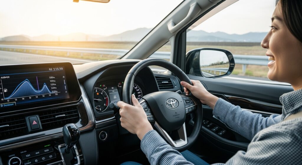 アルファードハイブリッドのメーターに燃費情報を表示し、運転中のドライバーが数値を確認しながらエコドライブを楽しんでいる様子。